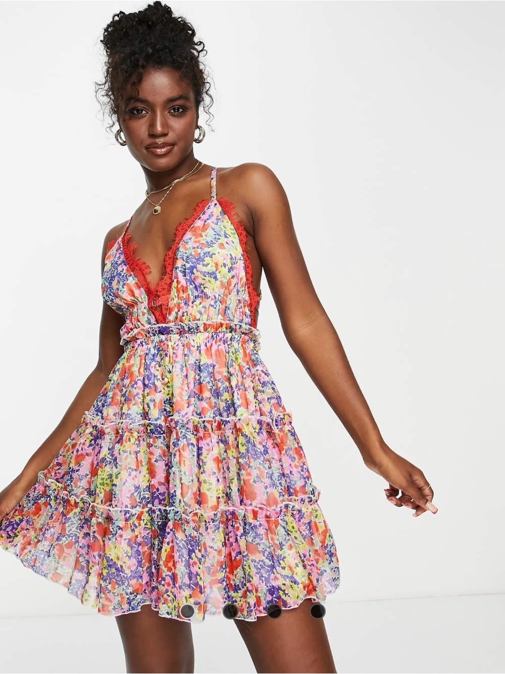 ASOS Multicolor Floral Tiered Mini Dress with Red Lace Trim